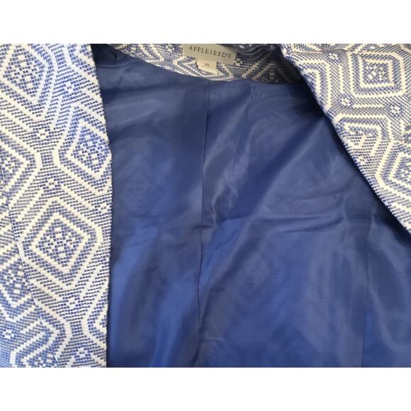 NEW Appleseeds Blazer Womens‎ 10 Blue White Suit Jacket Geometric Woven - Picture 9 of 10